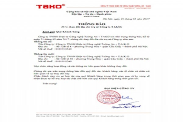 Thông Báo thay đổi trụ sở Công ty TAKO