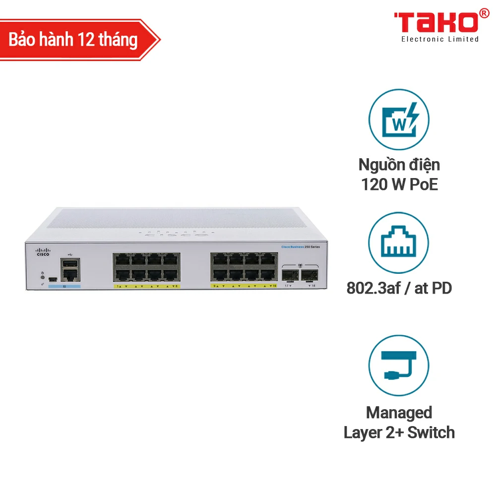 Cisco CBS350-16P-2G Manageable Layer 3 Web Switch 16 PoE 10/100/1000 Mbps ports 2 SFP slots