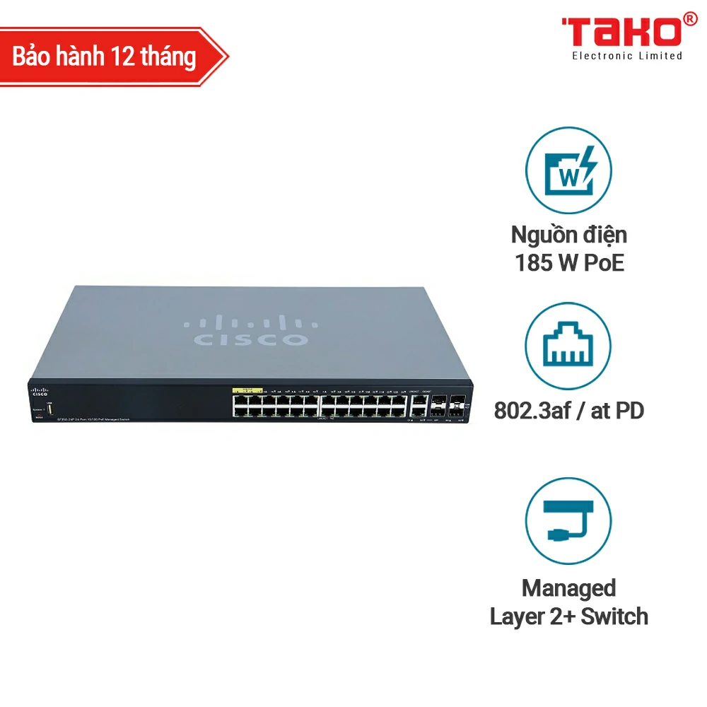 Cisco SF350-24P Managed Switch | 24 10/100 PoE Ports | 185W Ports | 4 Gigabit Ethernet (GbE) Combo SFP