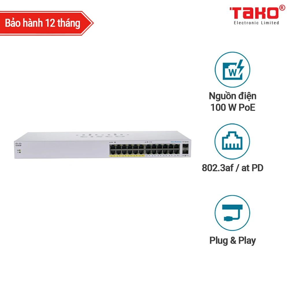 Cisco CBS110-24PP Unmanageable switch 22 ports 10/100/1000 Mbps of which 12 are PoE 2 Gigabit Ethernet/SFP combo ports