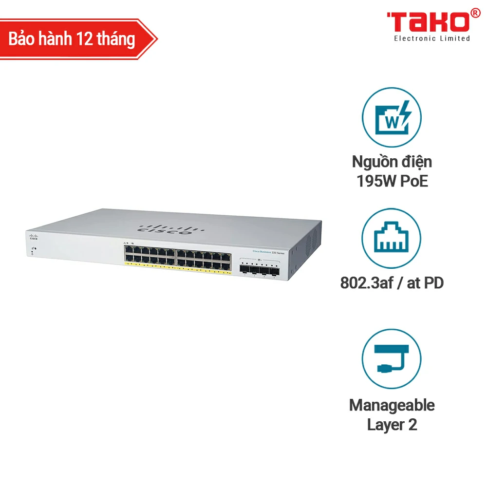 Cisco CBS220-24P-4G-EU 24 port PoE+ 10/100/1000 Mbps Layer 2 manageable web switch + 4 x 1 Gbps SFP slots