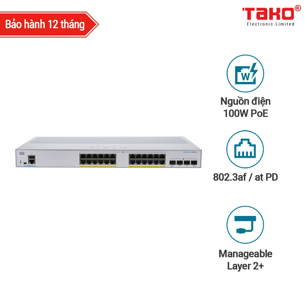 Cisco CBS250-24PP-4G 24-port 10/100/1000 Mbps PoE Layer 2 manageable web switch 4 SFP slots