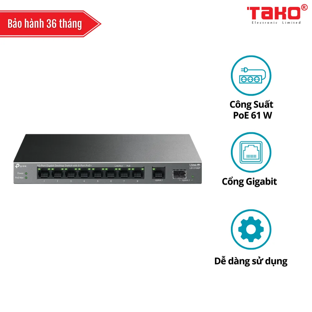 LS1210GP Switch Để Bàn Gigabit 10 Cổng với 8 Cổng PoE+