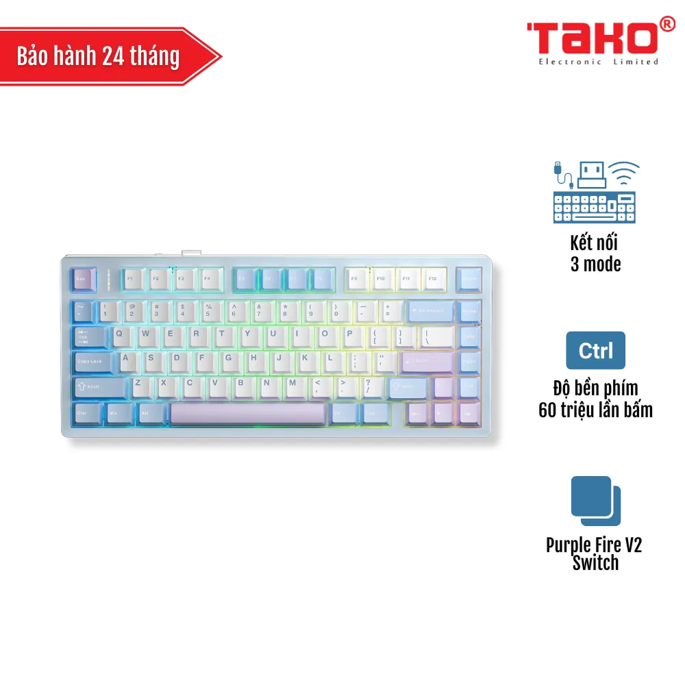 AULA M75 BÀN PHÍM CƠ GAMING 3 MODE (Phiên bản Xanh + trắng + tím/ Purple Fire V2 Switch)