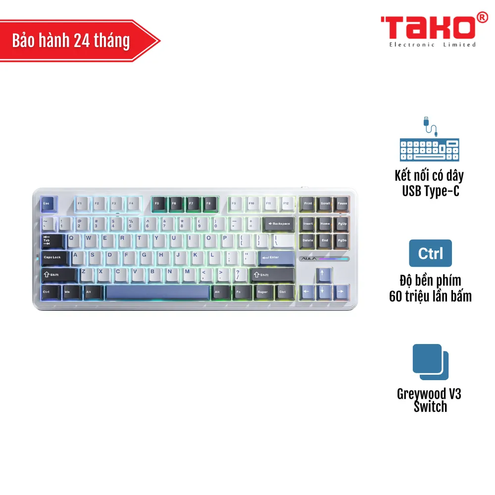 AULA F87 BÀN PHÍM CƠ GAMING CÓ DÂY (Phiên bản Đen + trắng + xanh dương/ Greywood V3 Switch)